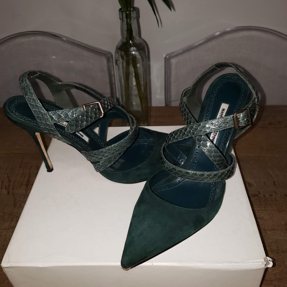 Green pyhton/ suede manolo blahnik heels